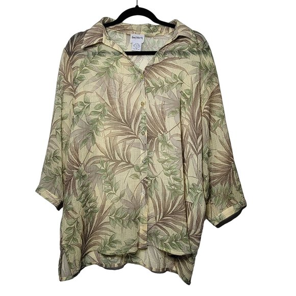 Bonworth Women's Leaf Printed Sheer Button Up Shirt Size Large Tropical Summer - Picture 1 of 8